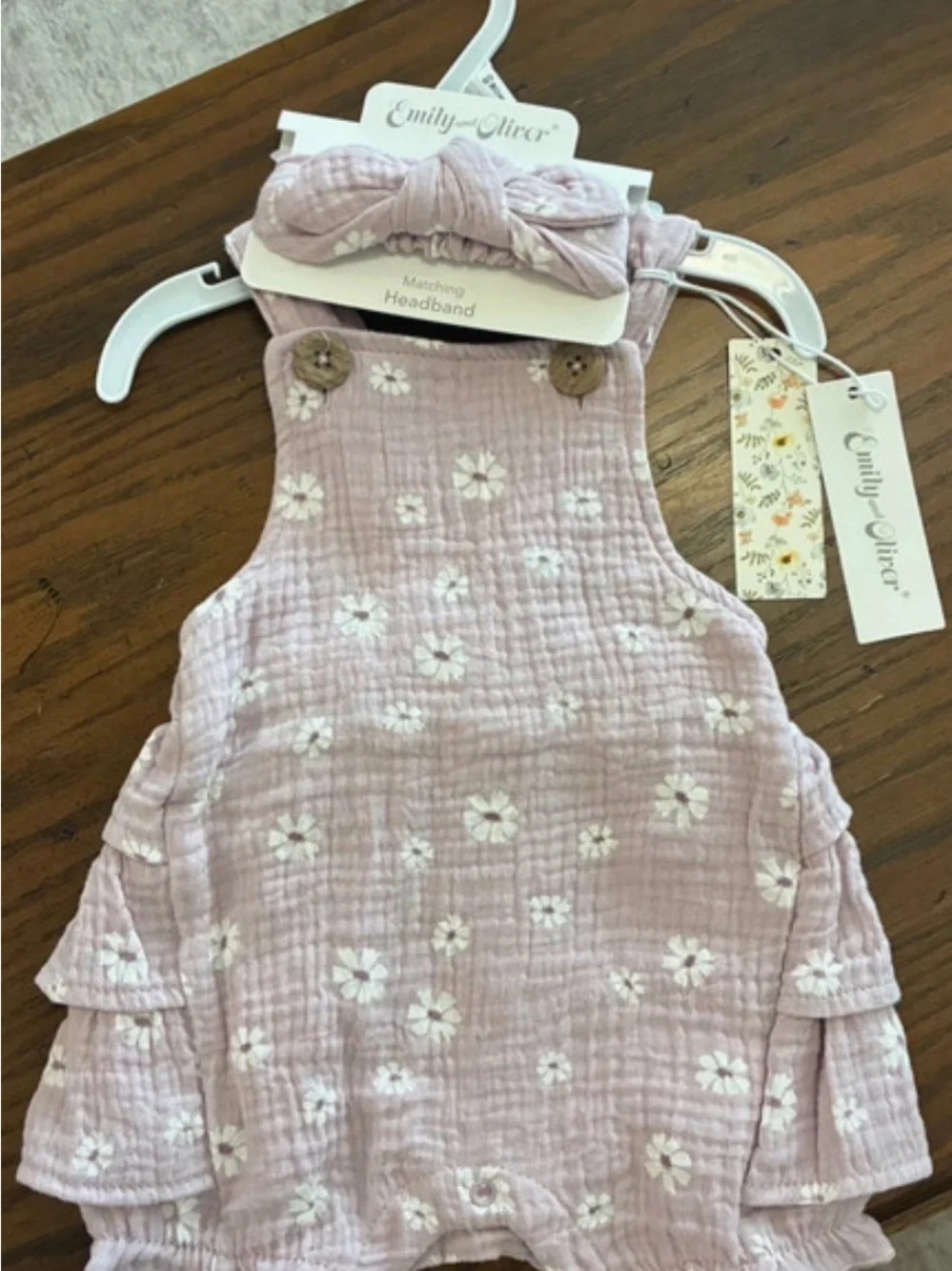 Emily & Oliver Pink Floral Muslin Romper with Matching Headband